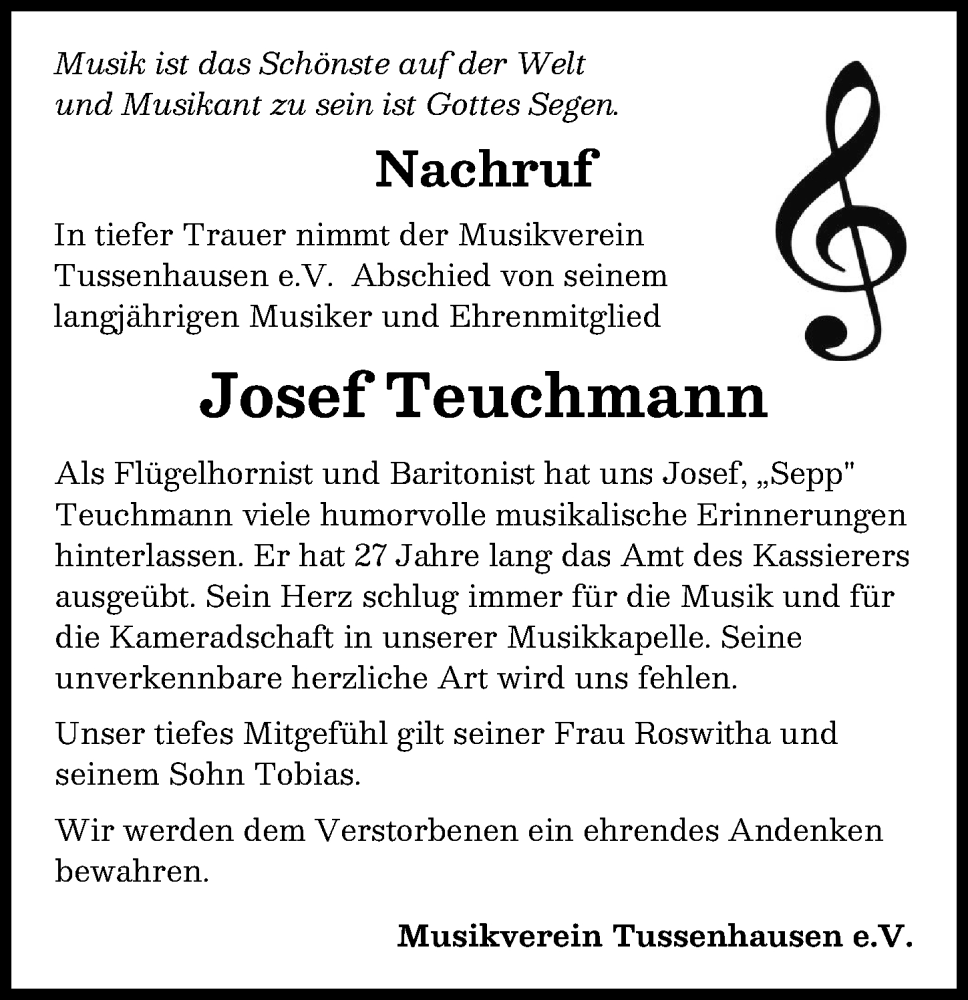 Traueranzeige von Josef Teuchmann von Mindelheimer Zeitung