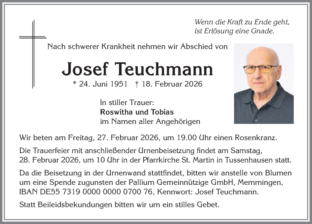  Traueranzeige für Josef Teuchmann vom 23.02.2026 aus Mindelheimer Zeitung
