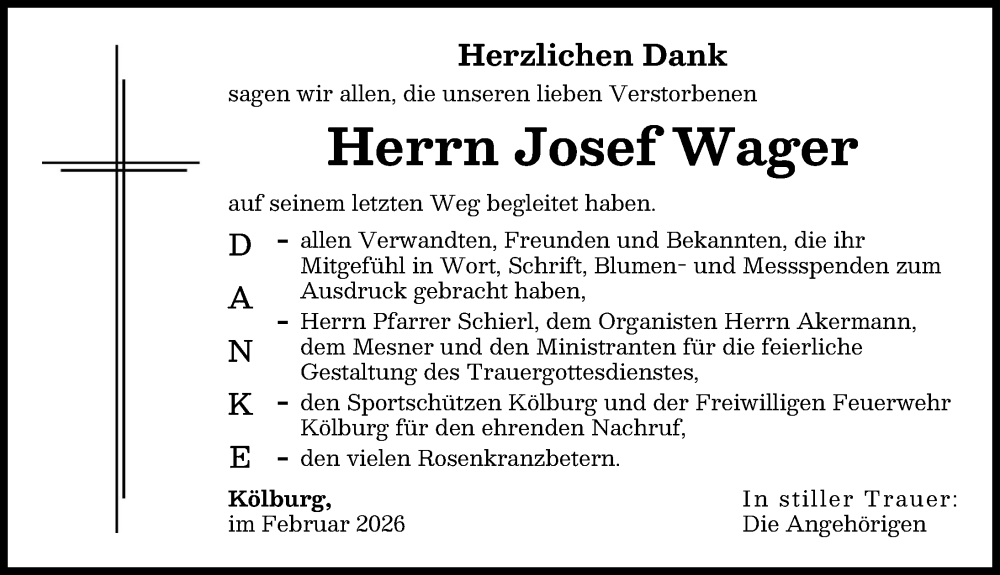 Traueranzeige von Josef Wager von Donauwörther Zeitung