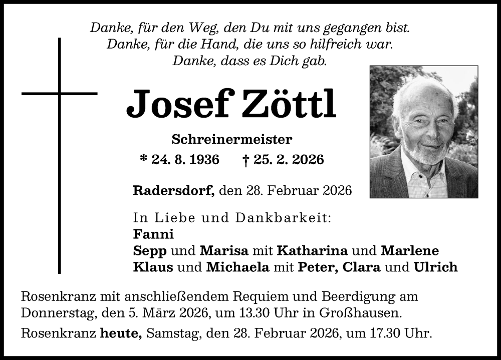 Traueranzeige von Josef Zöttl von Aichacher Nachrichten