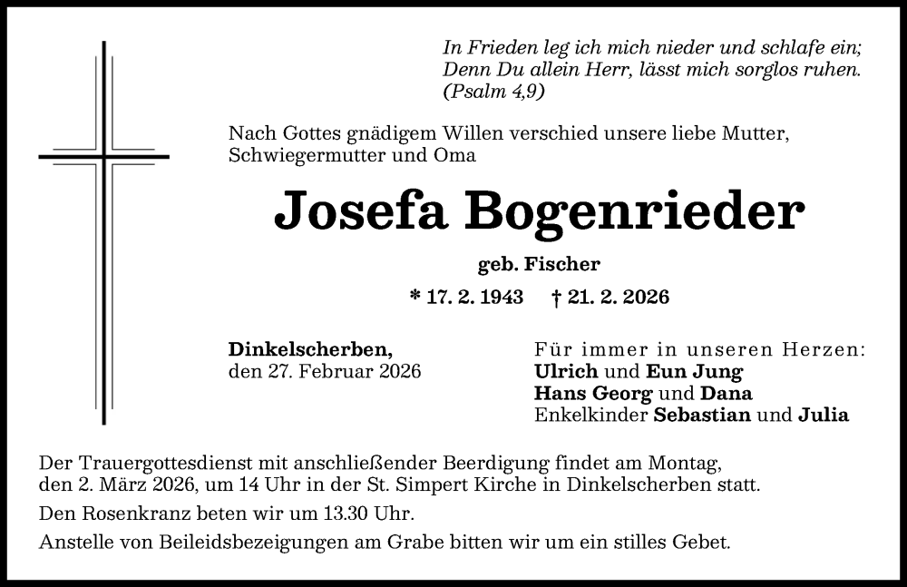  Traueranzeige für Josefa Bogenrieder vom 27.02.2026 aus Augsburg-Land