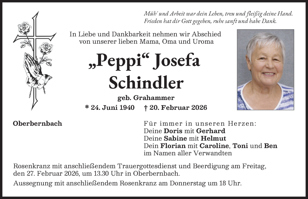  Traueranzeige für Josefa Schindler vom 24.02.2026 aus Aichacher Nachrichten