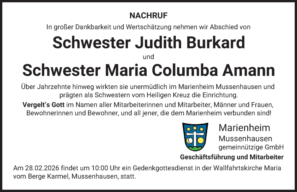  Traueranzeige für Judith Burkard vom 24.02.2026 aus Mindelheimer Zeitung