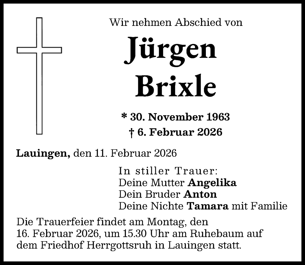  Traueranzeige für Jürgen Brixle vom 11.02.2026 aus Donau Zeitung