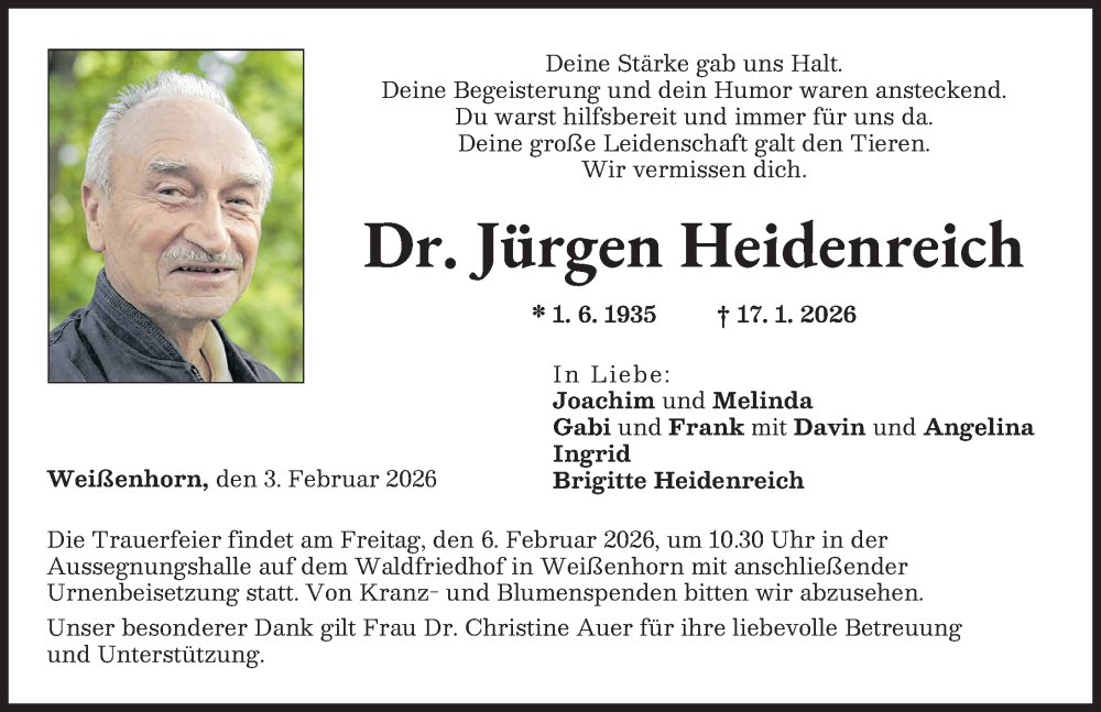  Traueranzeige für Jürgen Heidenreich vom 03.02.2026 aus Neu-Ulmer Zeitung