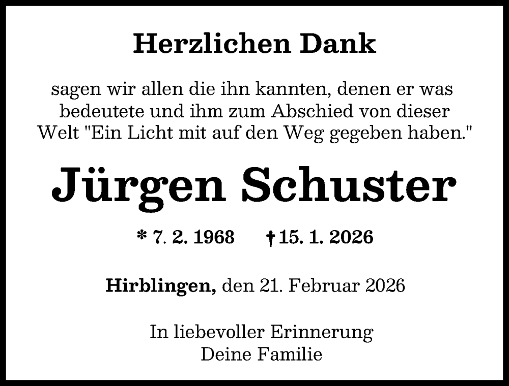  Traueranzeige für Jürgen Schuster vom 21.02.2026 aus Augsburg-Land
