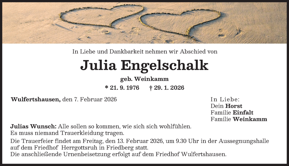  Traueranzeige für Julia Engelschalk vom 07.02.2026 aus Friedberger Allgemeine