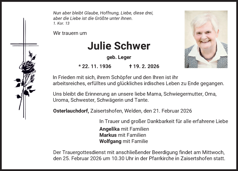  Traueranzeige für Julie Schwer vom 21.02.2026 aus Mindelheimer Zeitung