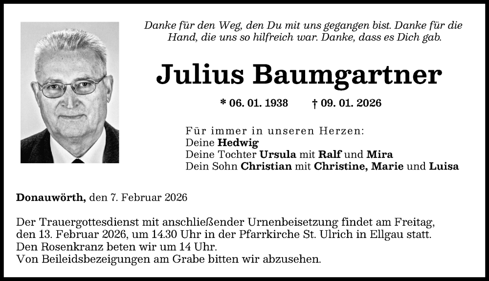  Traueranzeige für Julius Baumgartner vom 07.02.2026 aus Donauwörther Zeitung
