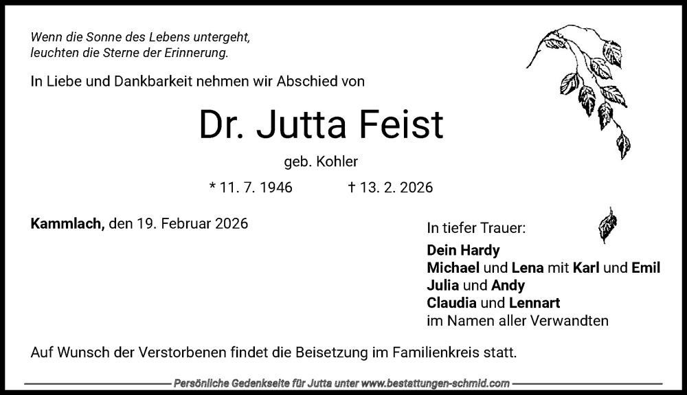  Traueranzeige für Jutta Feist vom 19.02.2026 aus Mindelheimer Zeitung