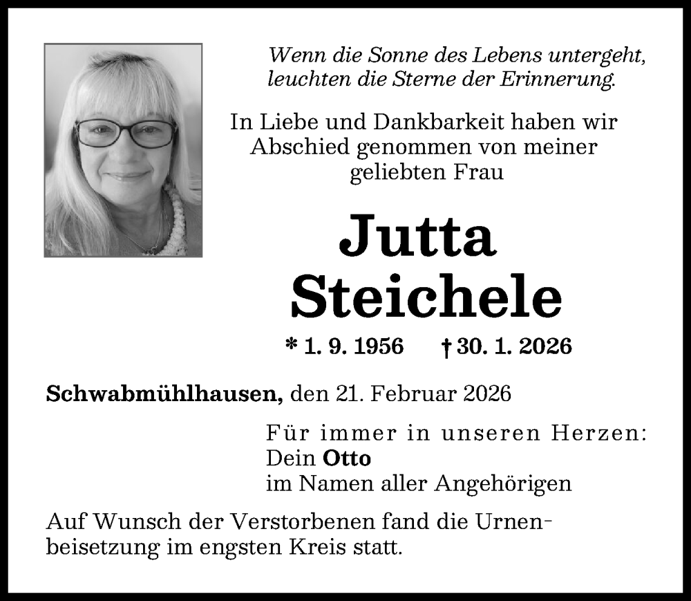  Traueranzeige für Jutta Steichele vom 21.02.2026 aus Schwabmünchner Allgemeine