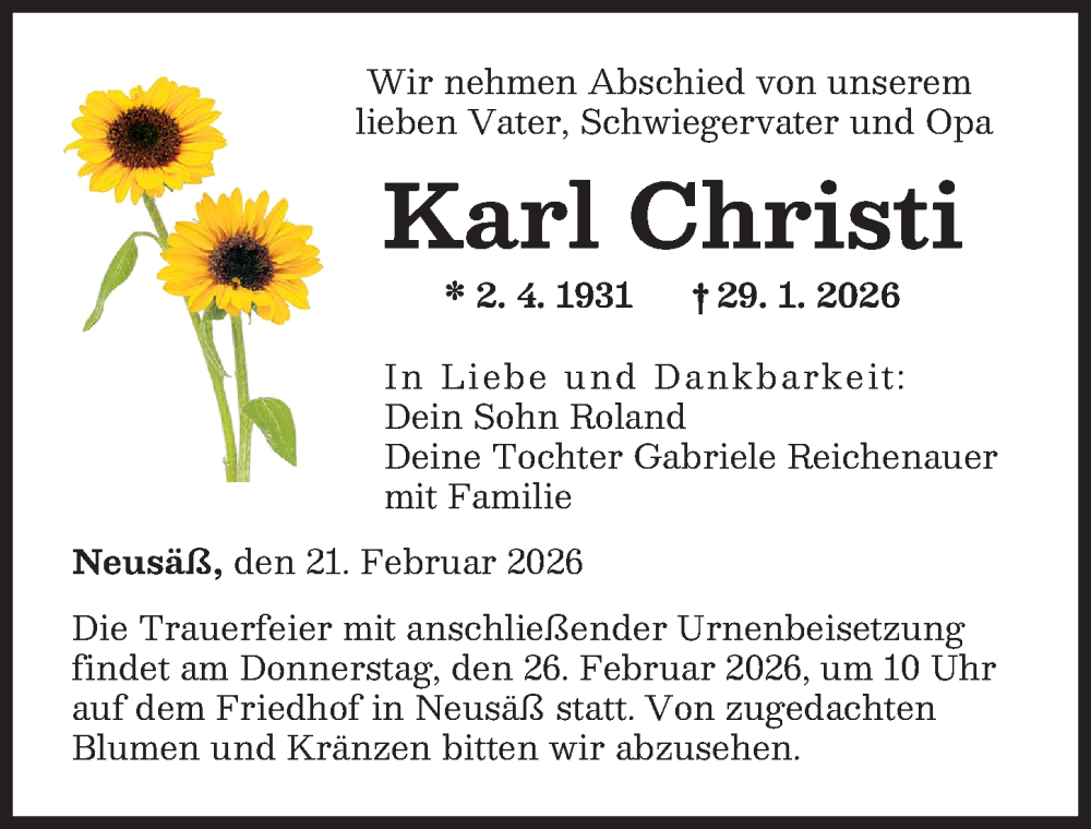  Traueranzeige für Karl Christi vom 21.02.2026 aus Augsburger Allgemeine