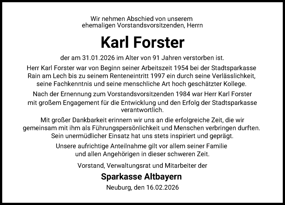  Traueranzeige für Karl Forster vom 16.02.2026 aus Neuburger Rundschau, Donauwörther Zeitung