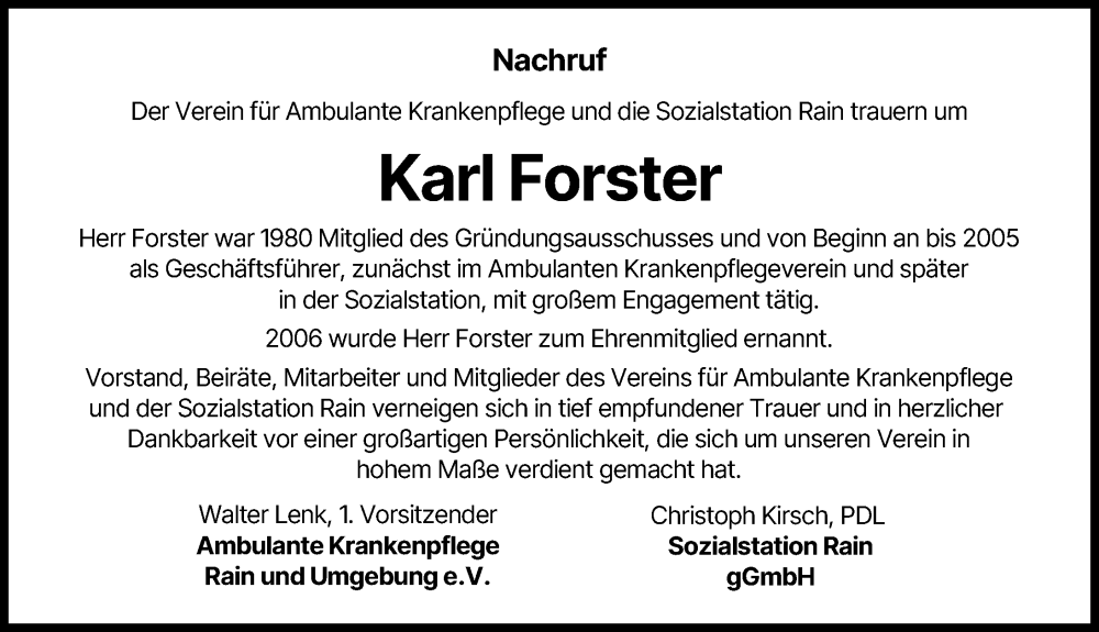  Traueranzeige für Karl Forster vom 16.02.2026 aus Donauwörther Zeitung