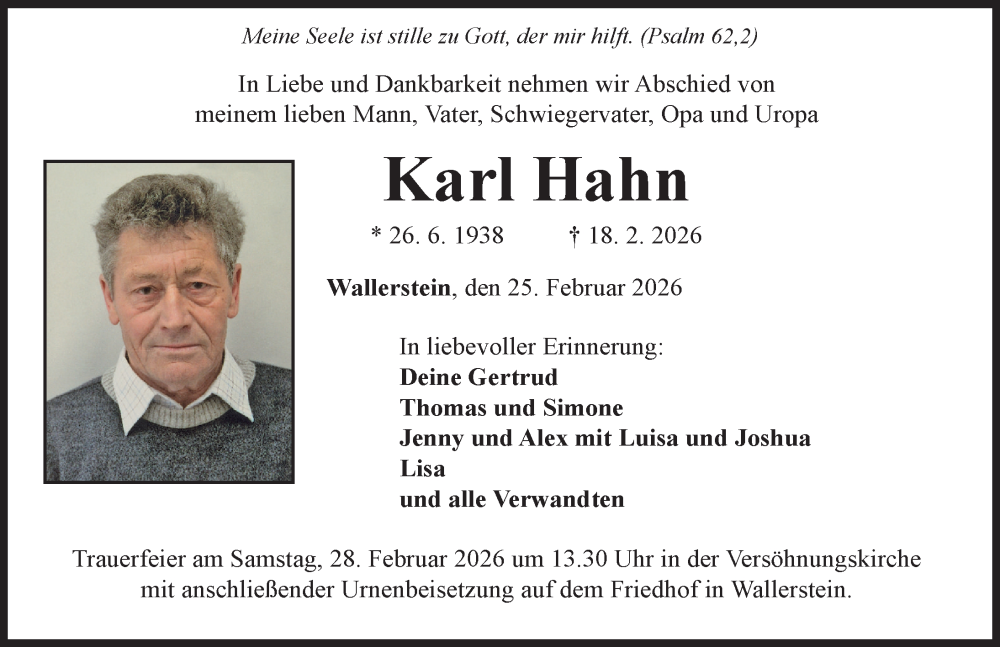  Traueranzeige für Karl Hahn vom 25.02.2026 aus Rieser Nachrichten