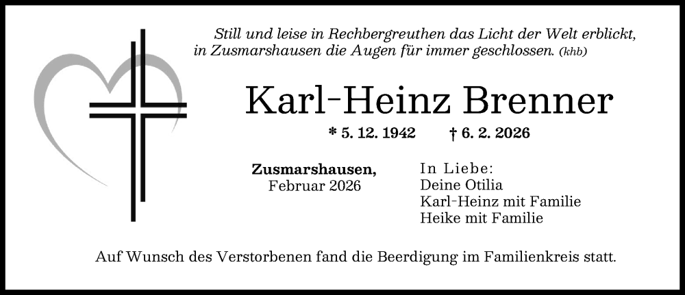  Traueranzeige für Karl-Heinz Brenner vom 14.02.2026 aus Augsburg-Land