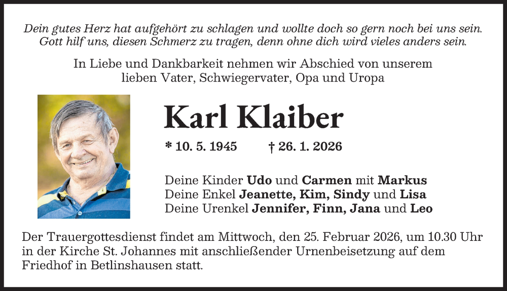  Traueranzeige für Karl Klaiber vom 20.02.2026 aus Illertisser Zeitung