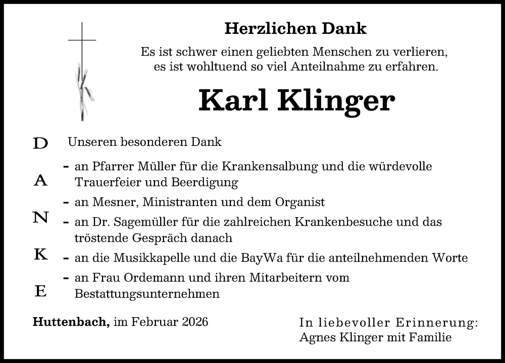 Traueranzeige von Karl Klinger von Donauwörther Zeitung