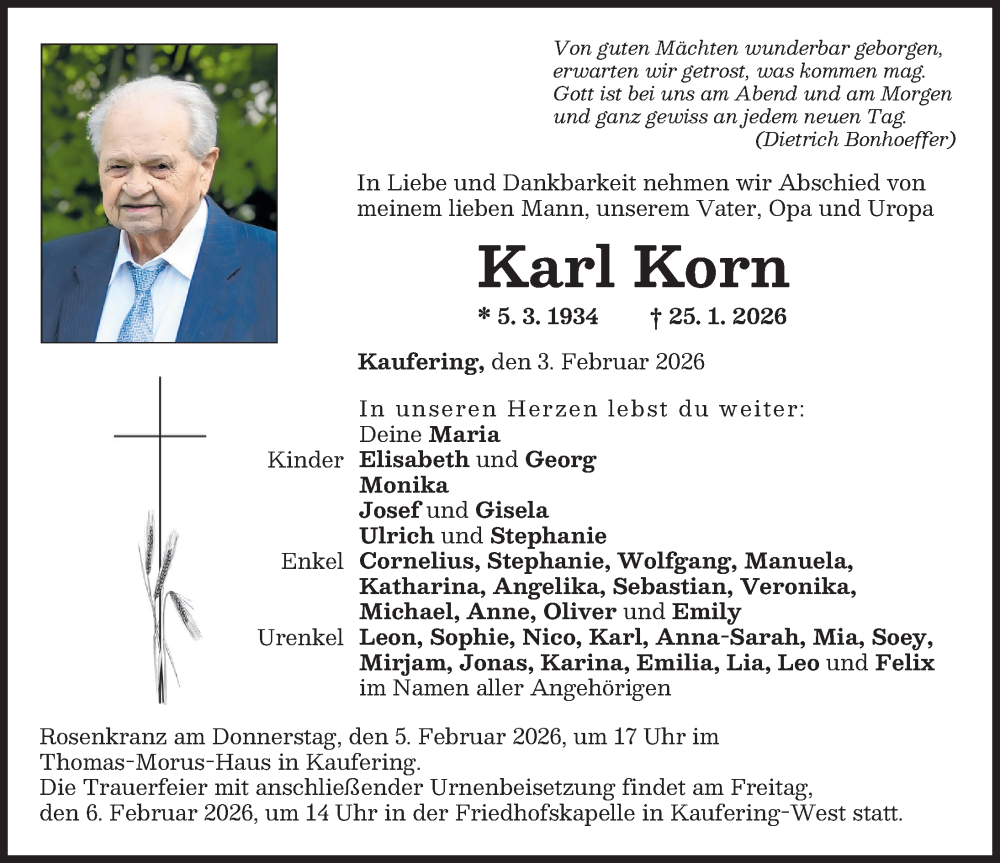  Traueranzeige für Karl Korn vom 03.02.2026 aus Landsberger Tagblatt