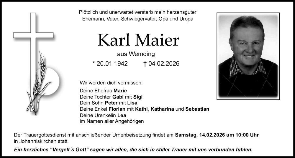  Traueranzeige für Karl Maier vom 09.02.2026 aus Donauwörther Zeitung