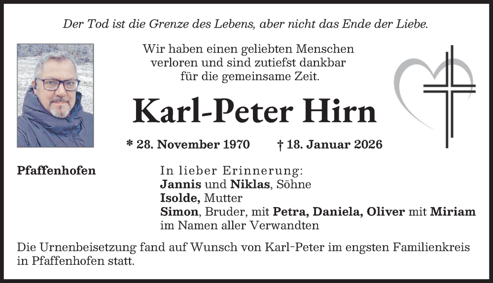  Traueranzeige für Karl-Peter Hirn vom 04.02.2026 aus Wertinger Zeitung