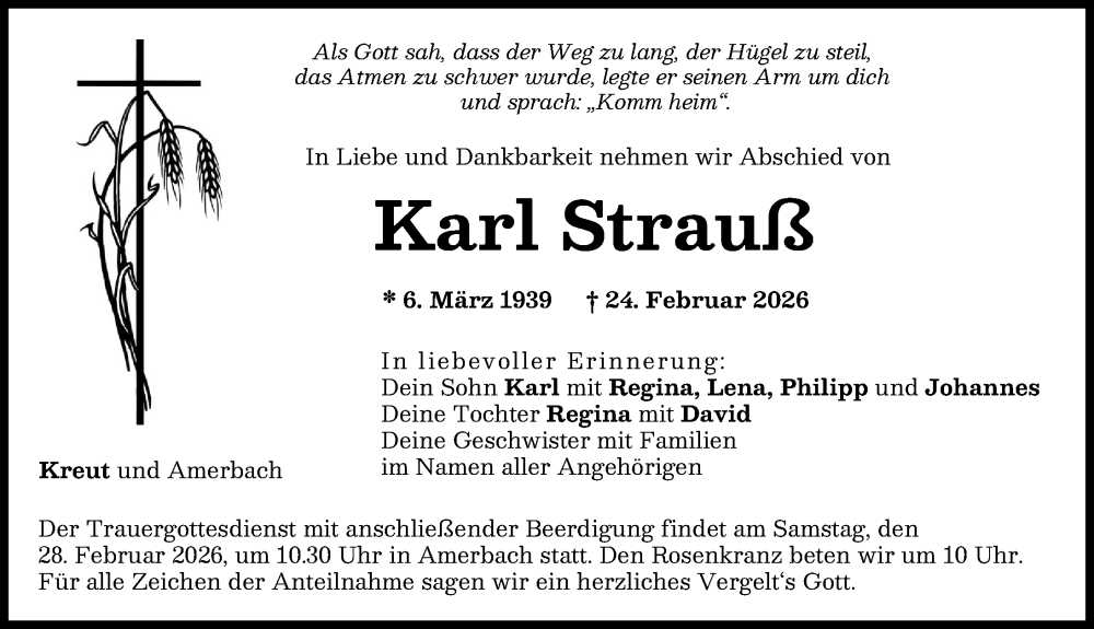  Traueranzeige für Karl Strauß vom 26.02.2026 aus Donauwörther Zeitung, Rieser Nachrichten