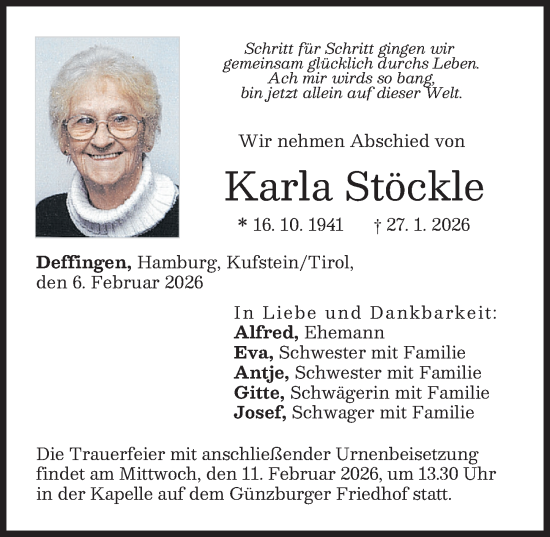 Traueranzeige von Karla Stöckle von Günzburger Zeitung