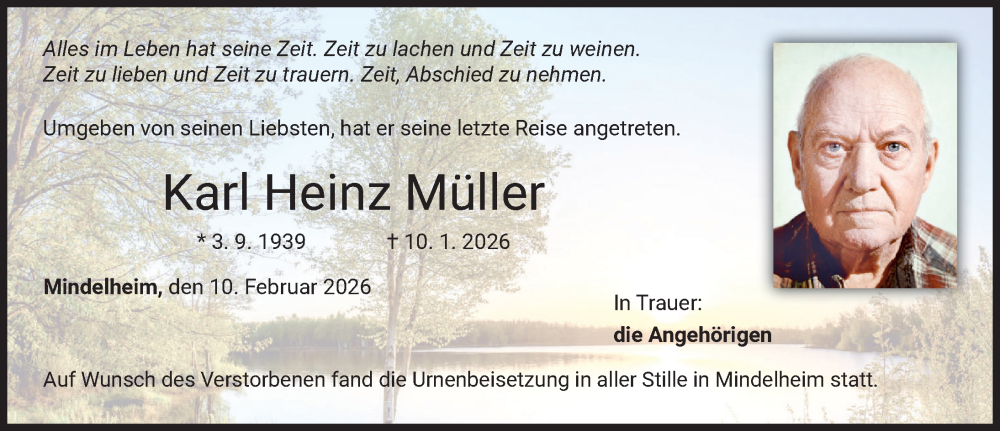  Traueranzeige für Karl Heinz Müller vom 10.02.2026 aus Mindelheimer Zeitung