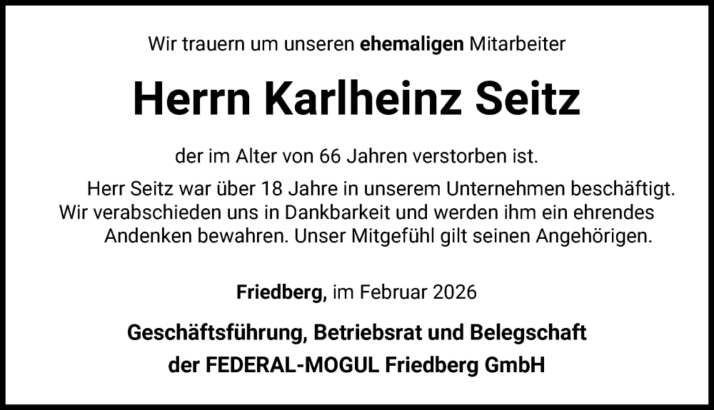  Traueranzeige für Karlheinz Seitz vom 10.02.2026 aus Friedberger Allgemeine