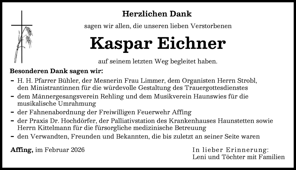  Traueranzeige für Kaspar Eichner vom 21.02.2026 aus Aichacher Nachrichten