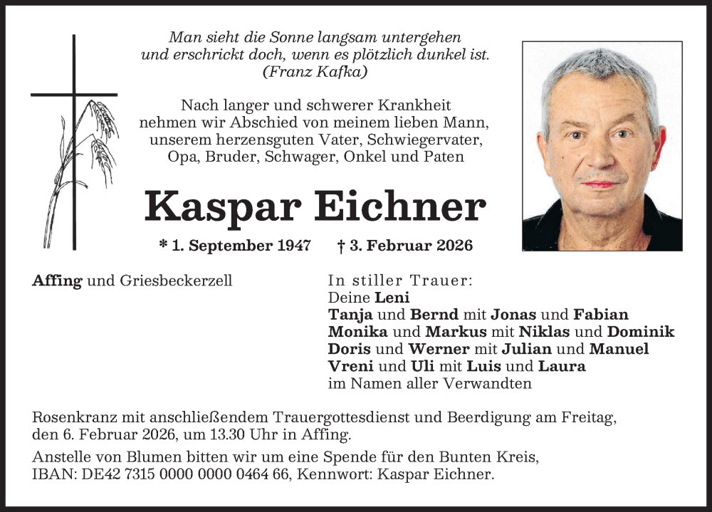  Traueranzeige für Kaspar Eichner vom 05.02.2026 aus Aichacher Nachrichten
