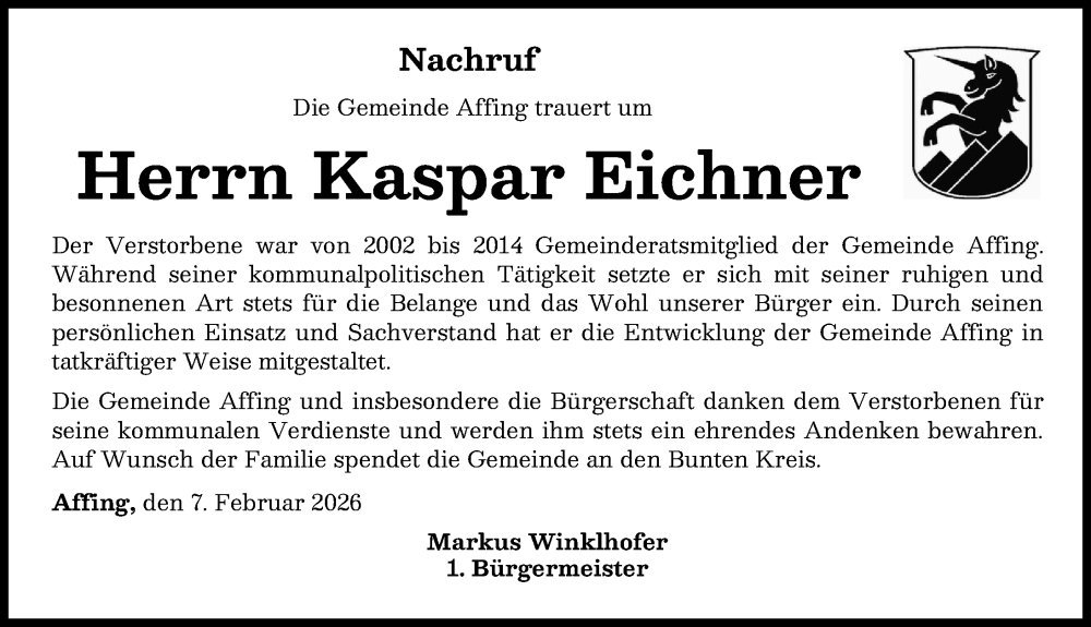  Traueranzeige für Kaspar Eichner vom 07.02.2026 aus Aichacher Nachrichten, Friedberger Allgemeine