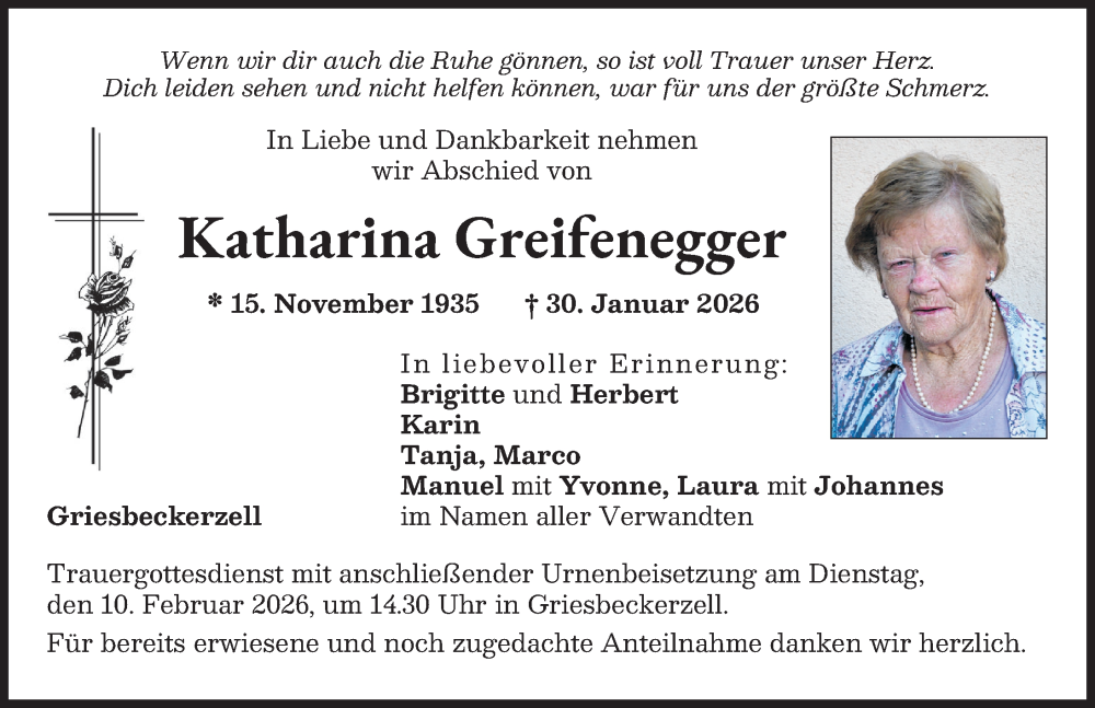  Traueranzeige für Katharina Greifenegger vom 06.02.2026 aus Aichacher Nachrichten