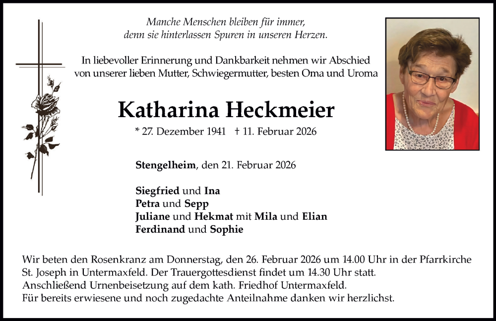  Traueranzeige für Katharina Heckmeier vom 21.02.2026 aus Neuburger Rundschau