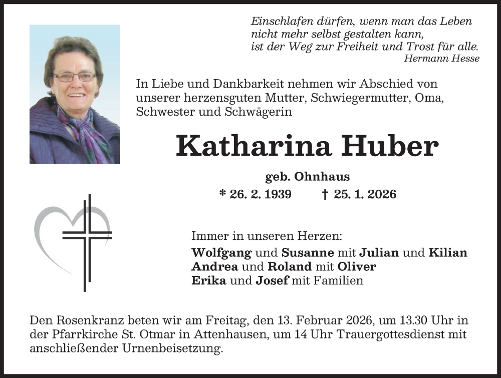  Traueranzeige für Katharina Huber vom 09.02.2026 aus Mittelschwäbische Nachrichten