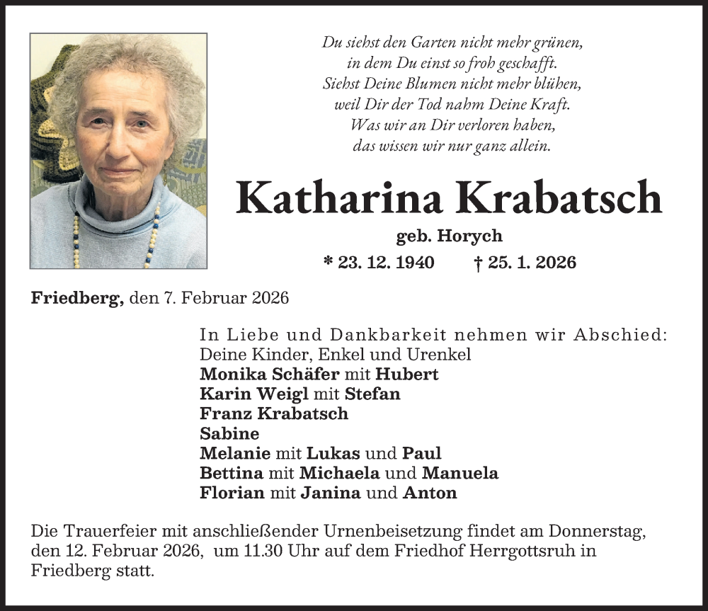  Traueranzeige für Katharina Krabatsch vom 07.02.2026 aus Friedberger Allgemeine