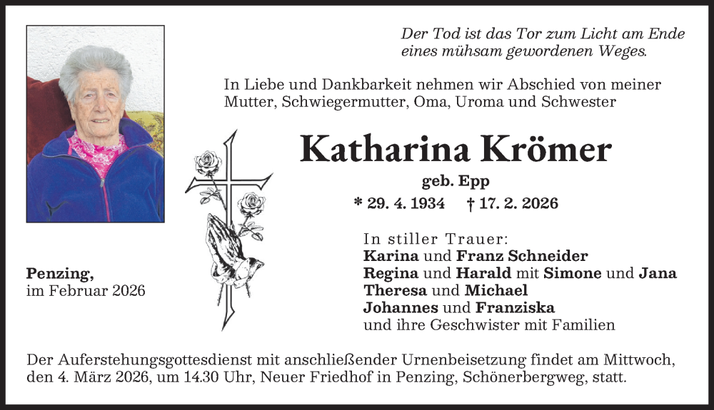  Traueranzeige für Katharina Krömer vom 28.02.2026 aus Landsberger Tagblatt