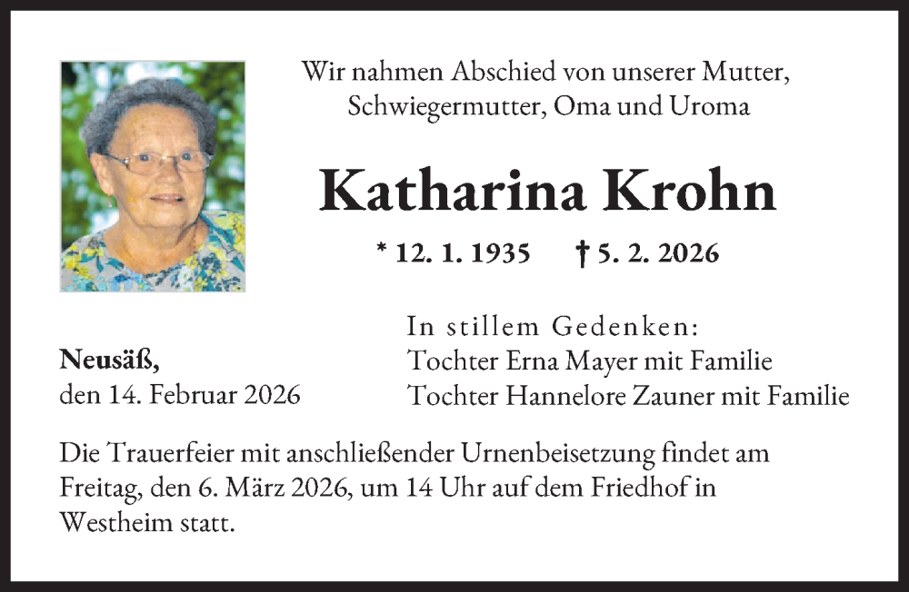  Traueranzeige für Katharina Krohn vom 14.02.2026 aus Augsburger Allgemeine