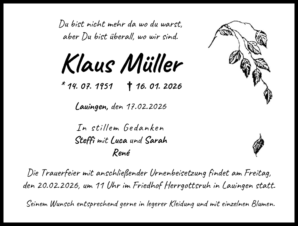  Traueranzeige für Klaus Müller vom 17.02.2026 aus Donau Zeitung