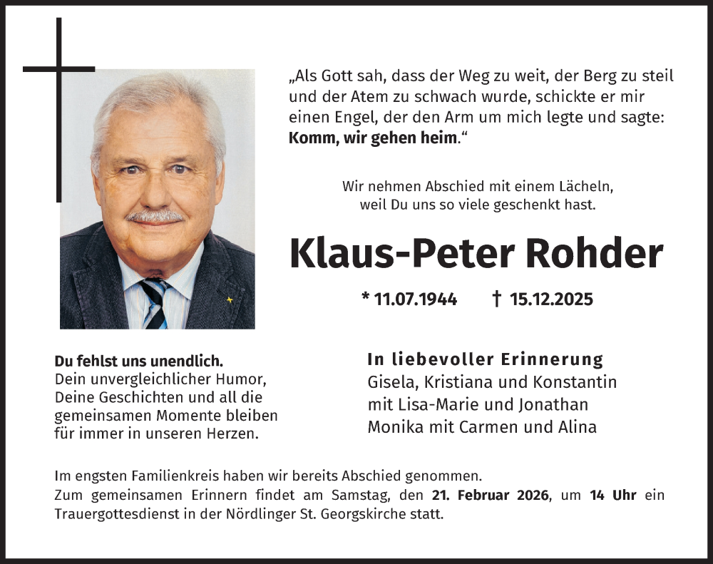  Traueranzeige für Klaus-Peter Rohder vom 07.02.2026 aus Rieser Nachrichten