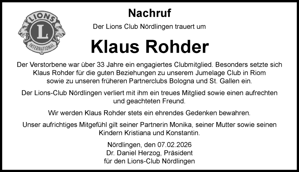  Traueranzeige für Klaus Rohder vom 07.02.2026 aus Rieser Nachrichten