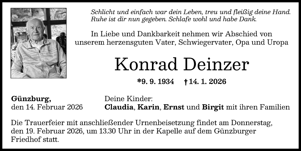  Traueranzeige für Konrad Deinzer vom 14.02.2026 aus Günzburger Zeitung