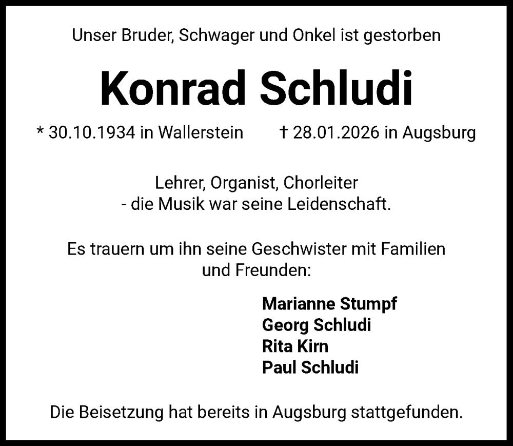 Traueranzeige von Konrad Schludi von Rieser Nachrichten