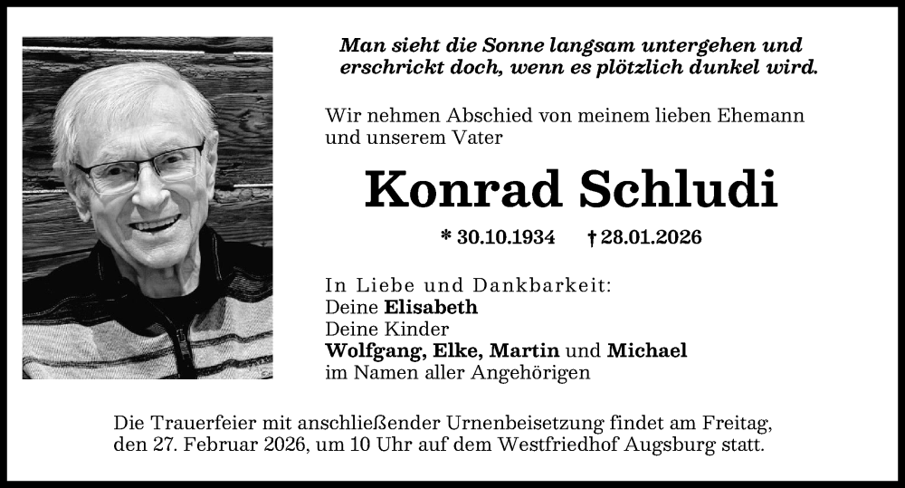  Traueranzeige für Konrad Schludi vom 21.02.2026 aus Augsburger Allgemeine