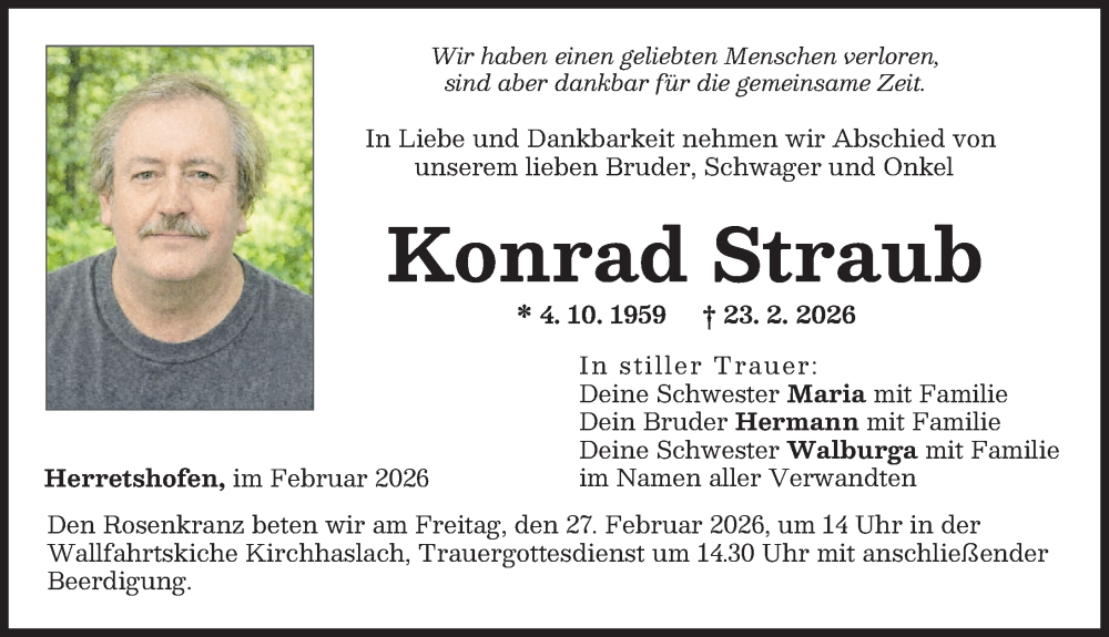 Traueranzeige für Konrad Straub vom 26.02.2026 aus Illertisser Zeitung