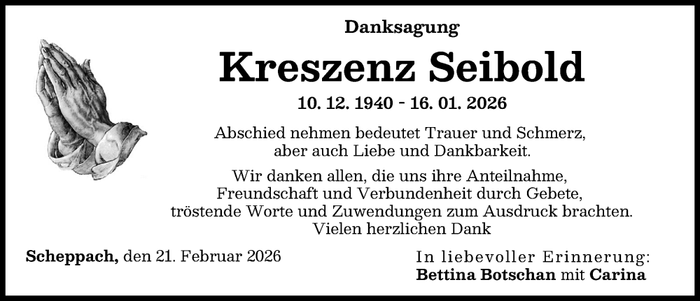 Traueranzeige von Kreszenz Seibold von Günzburger Zeitung