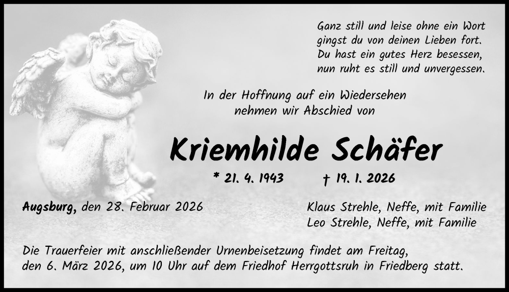  Traueranzeige für Kriemhilde Schäfer vom 28.02.2026 aus Augsburger Allgemeine