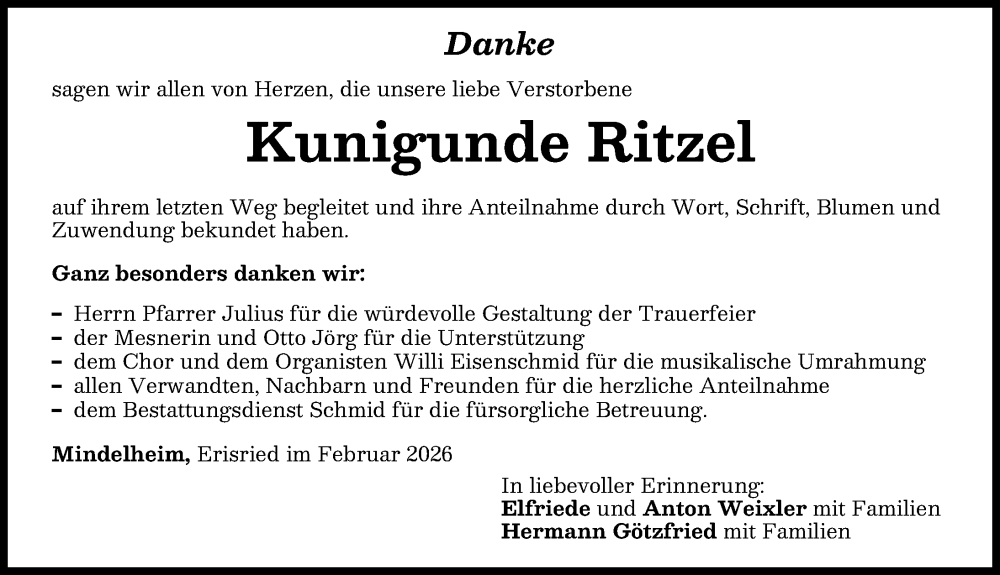  Traueranzeige für Kunigunde Ritzel vom 27.02.2026 aus Mindelheimer Zeitung