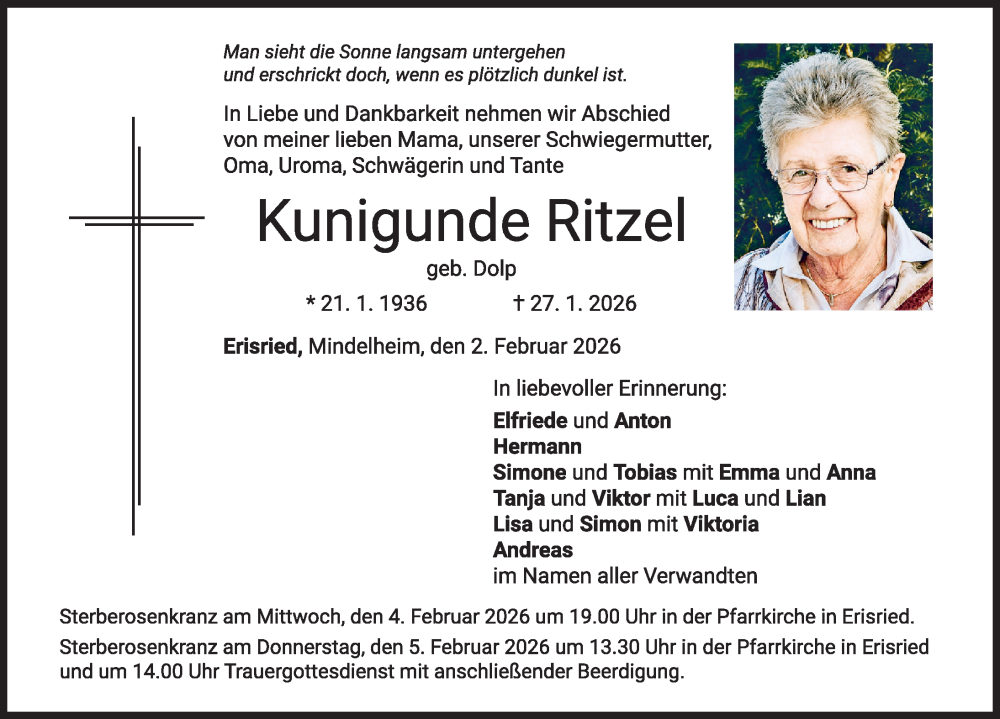  Traueranzeige für Kunigunde Ritzel vom 02.02.2026 aus Mindelheimer Zeitung