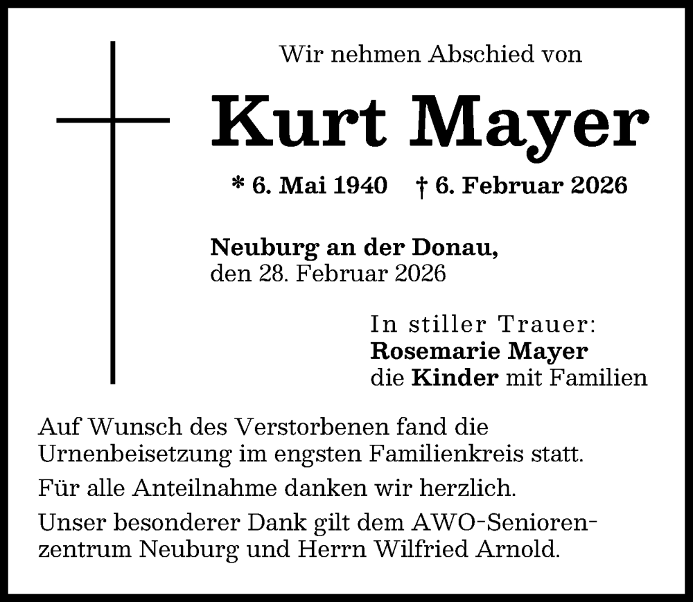 Traueranzeige von Kurt Mayer von Neuburger Rundschau